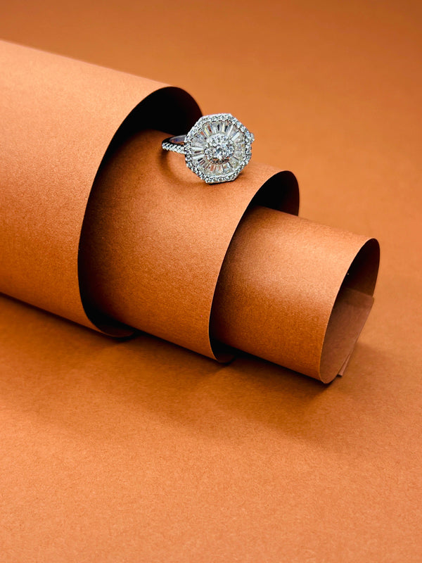 Vintage Glamour Octagon Halo Ring – Radiant Cut Cluster with Pave Band