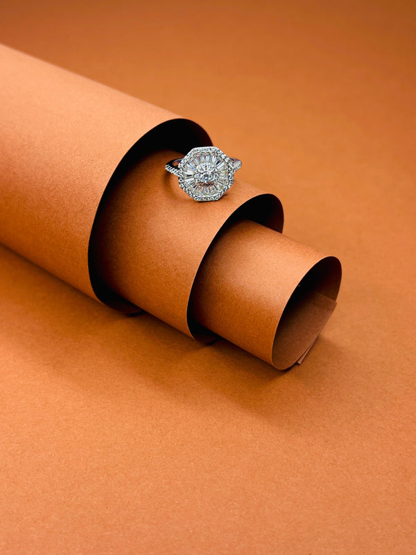 Vintage Glamour Octagon Halo Ring – Radiant Cut Cluster with Pave Band