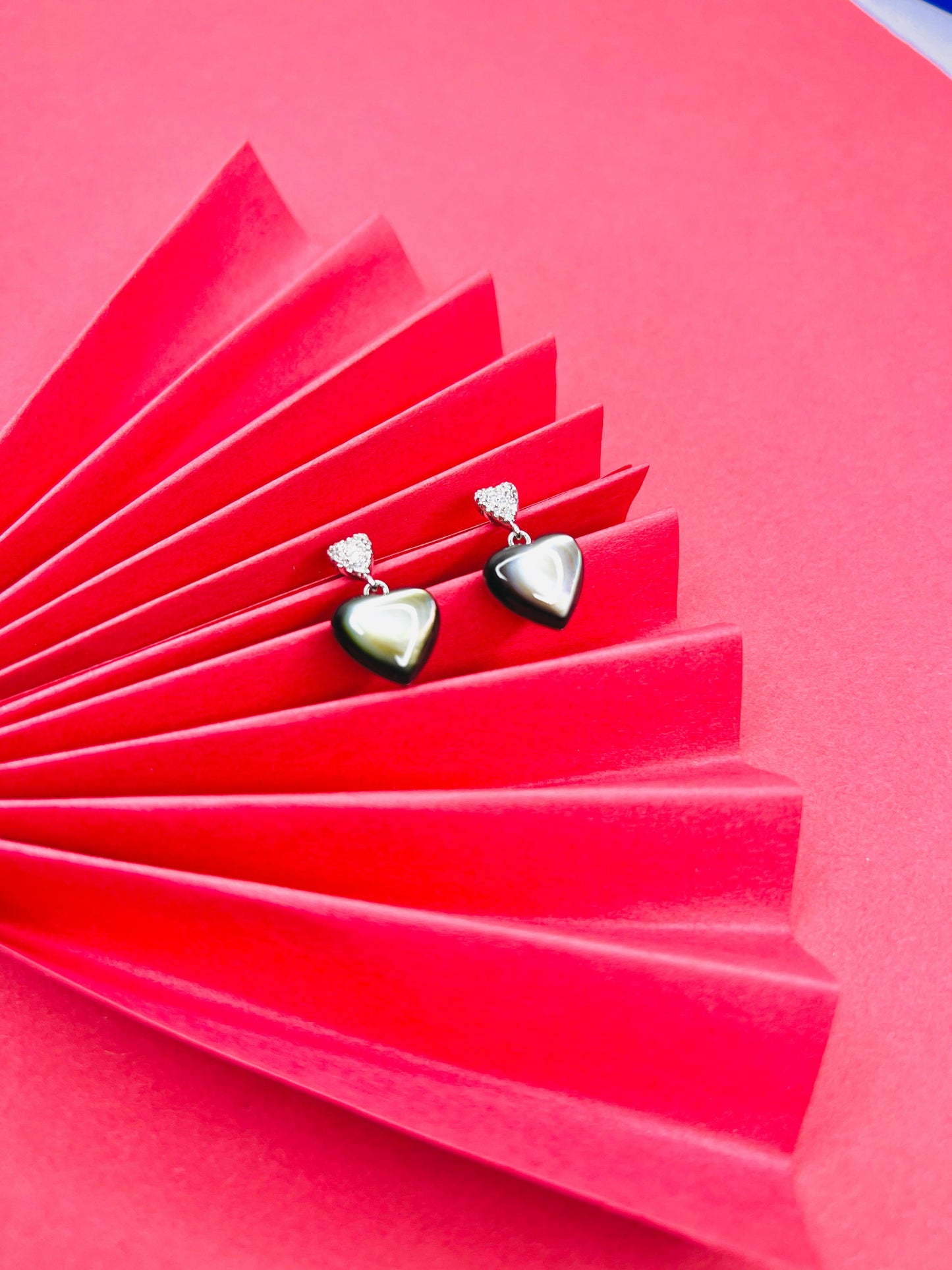 "Midnight Heart: Black Enamel & Pearl Drop Earrings"