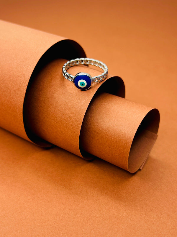 Silver Evil Eye Protection Ring – Braided Band Design