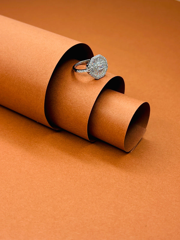 Vintage Glamour Octagon Halo Ring – Radiant Cut Cluster with Pave Band